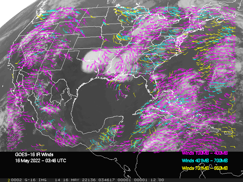 GOES-16 Long-Wave Infrared Derived Winds - CONUS - 05/16/2022 - 0346 GMT