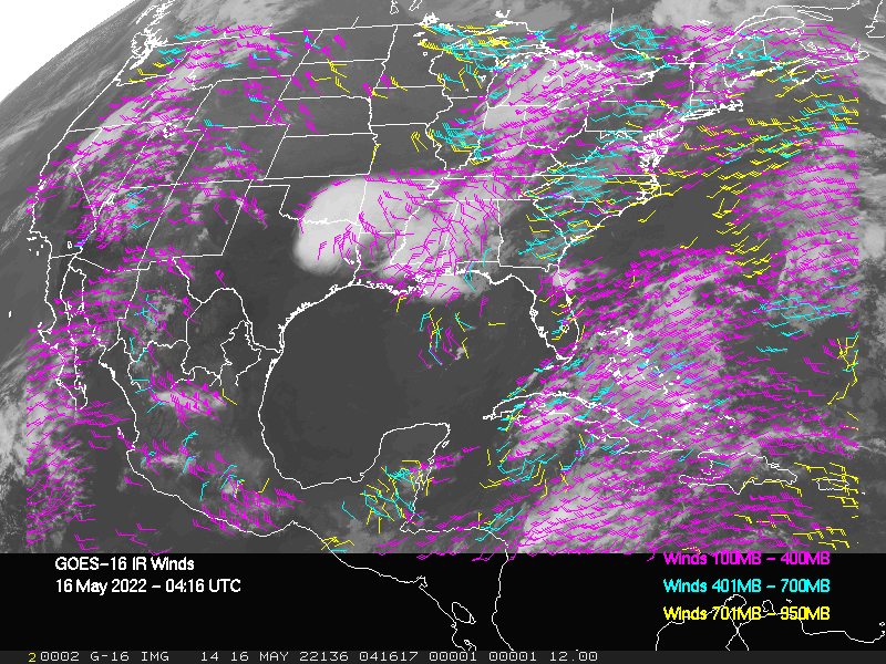 GOES-16 Long-Wave Infrared Derived Winds - CONUS - 05/16/2022 - 0416 GMT