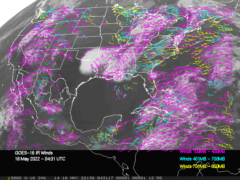 GOES-16 Long-Wave Infrared Derived Winds - CONUS - 05/16/2022 - 0431 GMT