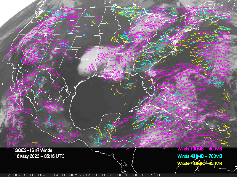 GOES-16 Long-Wave Infrared Derived Winds - CONUS - 05/16/2022 - 0516 GMT