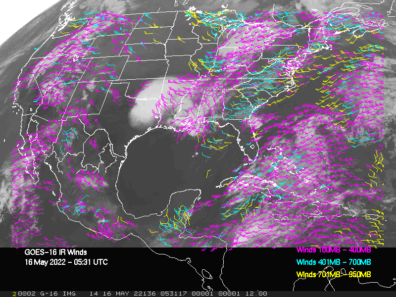 GOES-16 Long-Wave Infrared Derived Winds - CONUS - 05/16/2022 - 0531 GMT