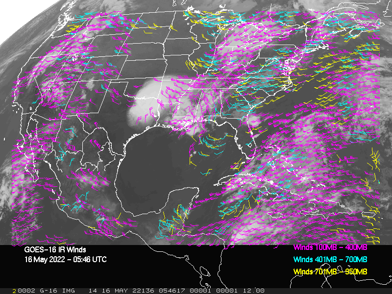 GOES-16 Long-Wave Infrared Derived Winds - CONUS - 05/16/2022 - 0546 GMT