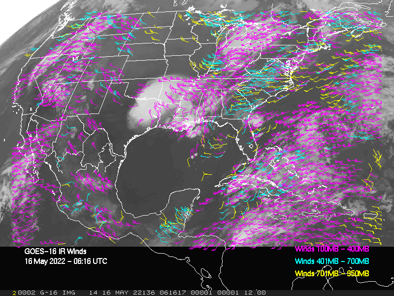GOES-16 Long-Wave Infrared Derived Winds - CONUS - 05/16/2022 - 0616 GMT