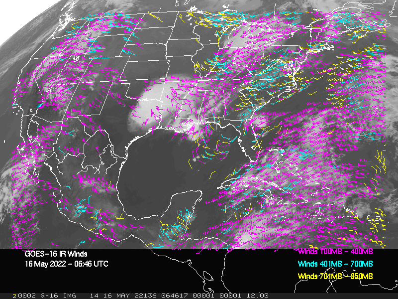 GOES-16 Long-Wave Infrared Derived Winds - CONUS - 05/16/2022 - 0646 GMT