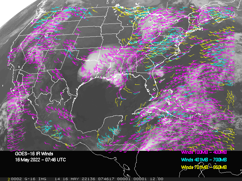 GOES-16 Long-Wave Infrared Derived Winds - CONUS - 05/16/2022 - 0746 GMT