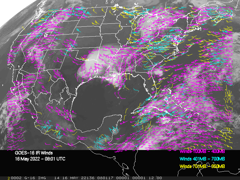 GOES-16 Long-Wave Infrared Derived Winds - CONUS - 05/16/2022 - 0801 GMT