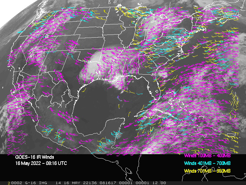 GOES-16 Long-Wave Infrared Derived Winds - CONUS - 05/16/2022 - 0816 GMT