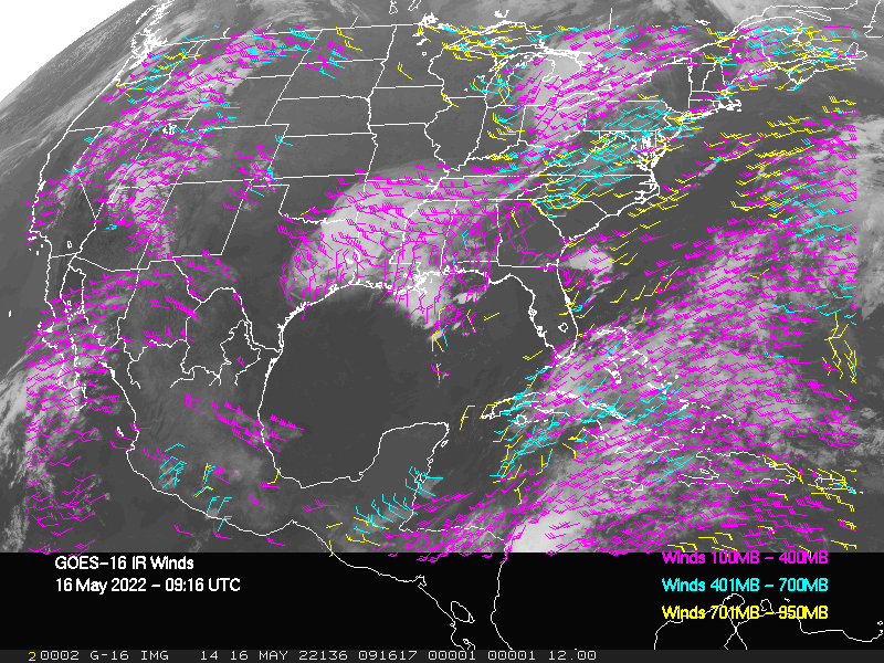 GOES-16 Long-Wave Infrared Derived Winds - CONUS - 05/16/2022 - 0916 GMT