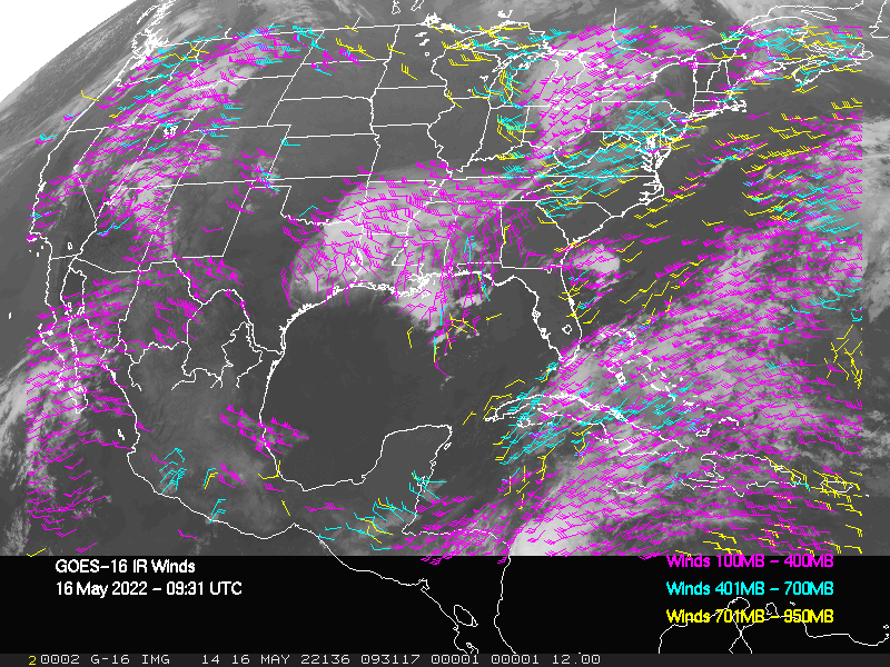 GOES-16 Long-Wave Infrared Derived Winds - CONUS - 05/16/2022 - 0931 GMT