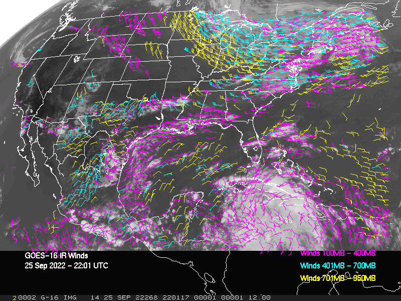 GOES-16 Long-Wave Infrared Derived Winds - CONUS - 09/25/2022 - 2201 GMT