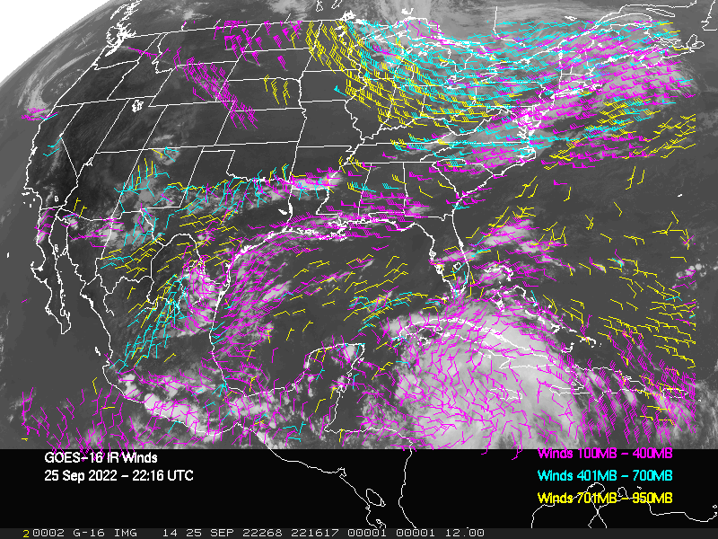 GOES-16 Long-Wave Infrared Derived Winds - CONUS - 09/25/2022 - 2216 GMT