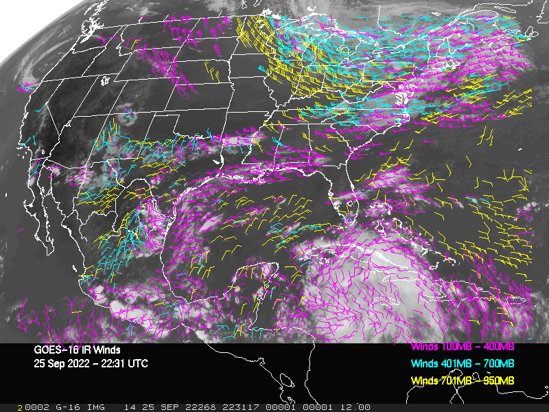 GOES-16 Long-Wave Infrared Derived Winds - CONUS - 09/25/2022 - 2231 GMT
