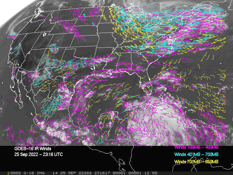 GOES-16 Long-Wave Infrared Derived Winds - CONUS - 09/25/2022 - 2316 GMT