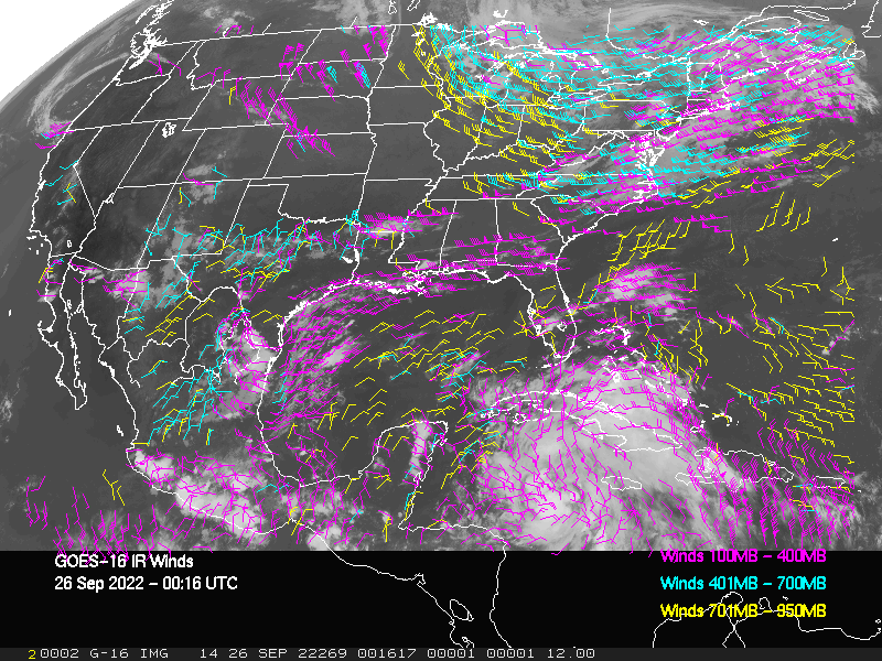GOES-16 Long-Wave Infrared Derived Winds - CONUS - 09/26/2022 - 0016 GMT