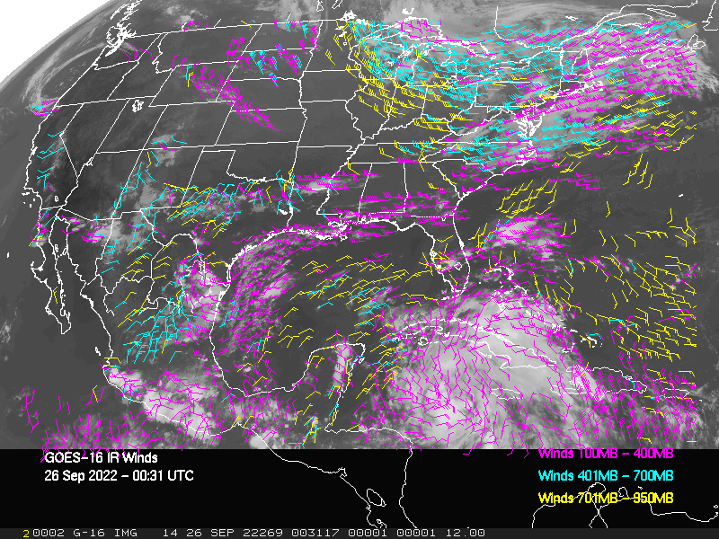 GOES-16 Long-Wave Infrared Derived Winds - CONUS - 09/26/2022 - 0031 GMT