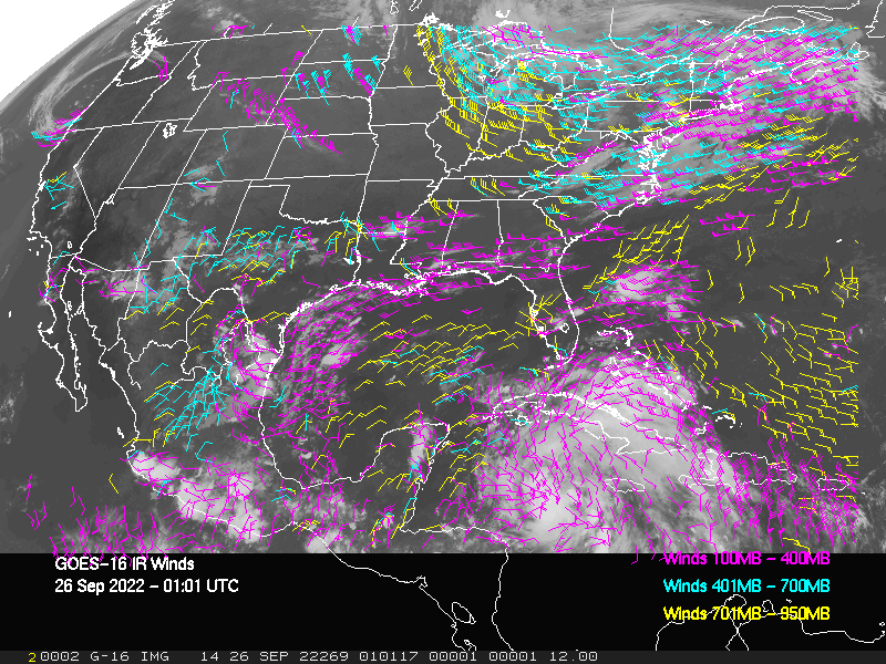 GOES-16 Long-Wave Infrared Derived Winds - CONUS - 09/26/2022 - 0101 GMT