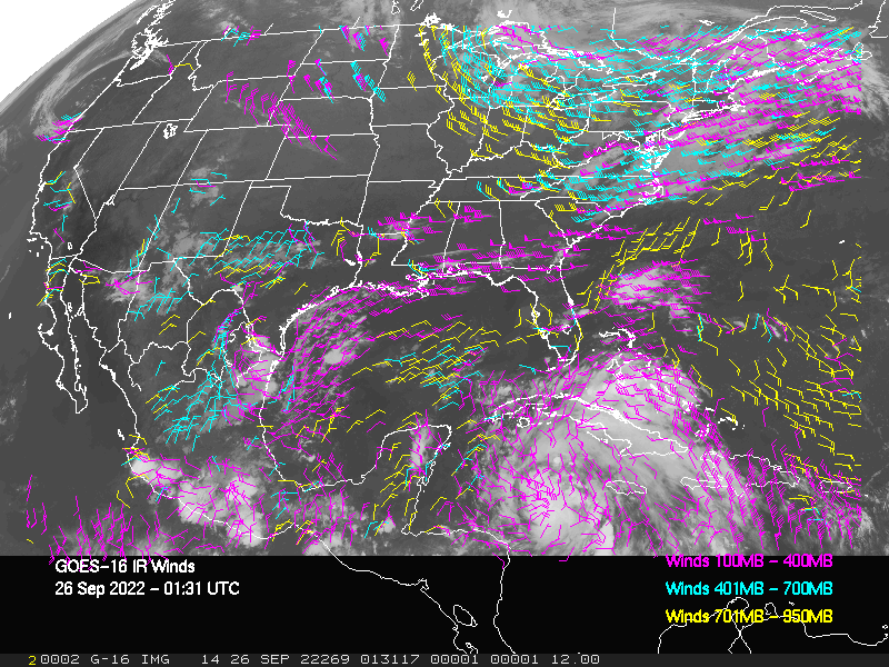 GOES-16 Long-Wave Infrared Derived Winds - CONUS - 09/26/2022 - 0131 GMT