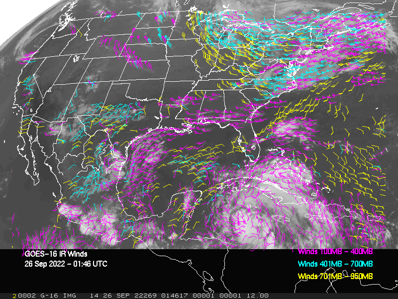GOES-16 Long-Wave Infrared Derived Winds - CONUS - 09/26/2022 - 0146 GMT