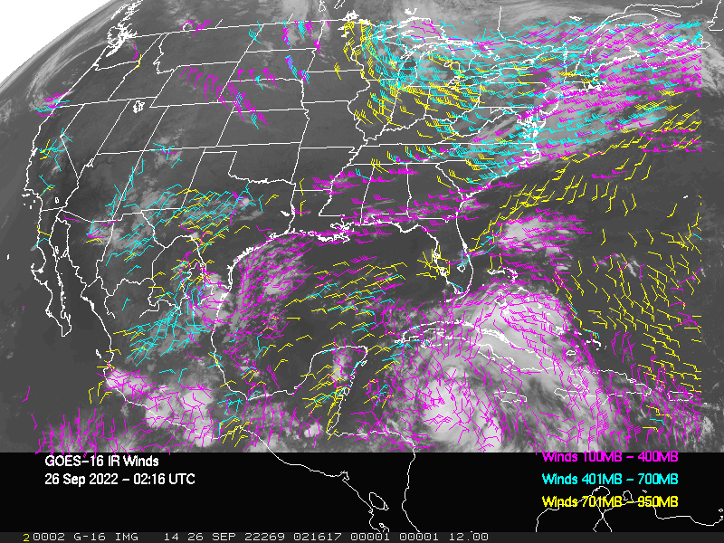 GOES-16 Long-Wave Infrared Derived Winds - CONUS - 09/26/2022 - 0216 GMT