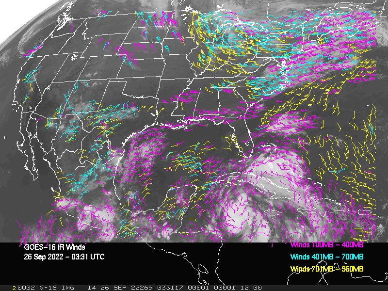 GOES-16 Long-Wave Infrared Derived Winds - CONUS - 09/26/2022 - 0331 GMT