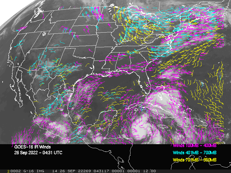 GOES-16 Long-Wave Infrared Derived Winds - CONUS - 09/26/2022 - 0431 GMT