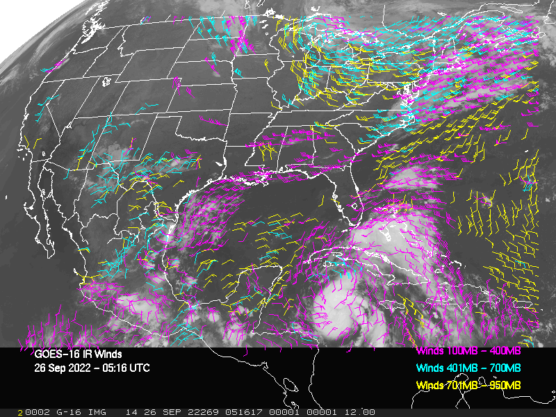 GOES-16 Long-Wave Infrared Derived Winds - CONUS - 09/26/2022 - 0516 GMT
