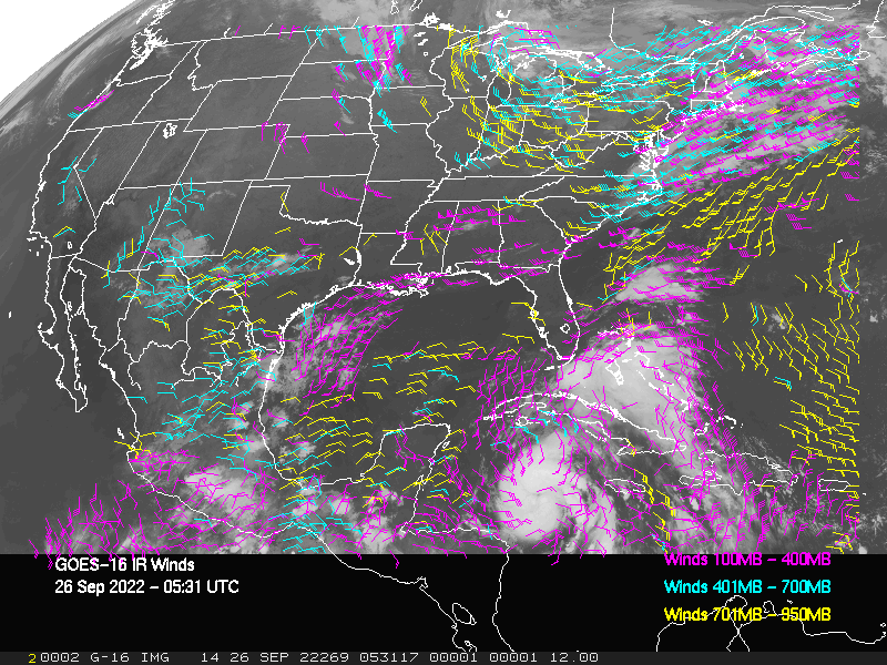 GOES-16 Long-Wave Infrared Derived Winds - CONUS - 09/26/2022 - 0531 GMT