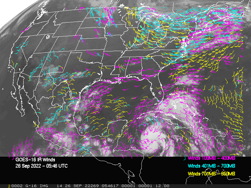 GOES-16 Long-Wave Infrared Derived Winds - CONUS - 09/26/2022 - 0546 GMT