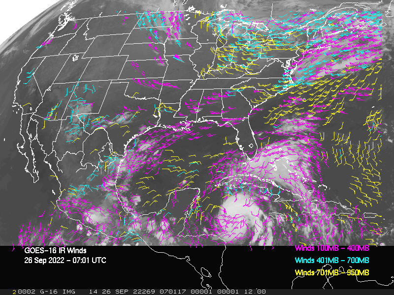 GOES-16 Long-Wave Infrared Derived Winds - CONUS - 09/26/2022 - 0701 GMT
