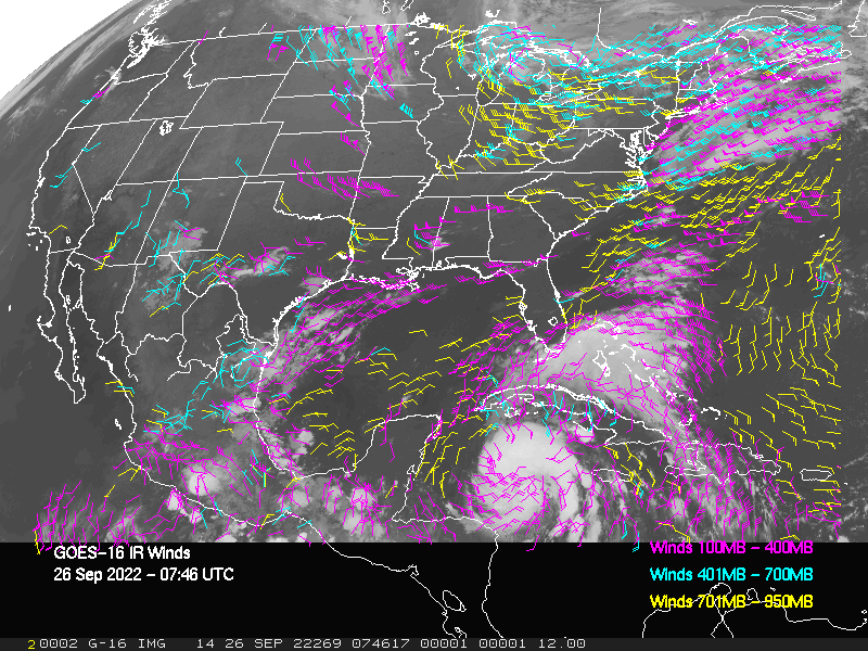 GOES-16 Long-Wave Infrared Derived Winds - CONUS - 09/26/2022 - 0746 GMT