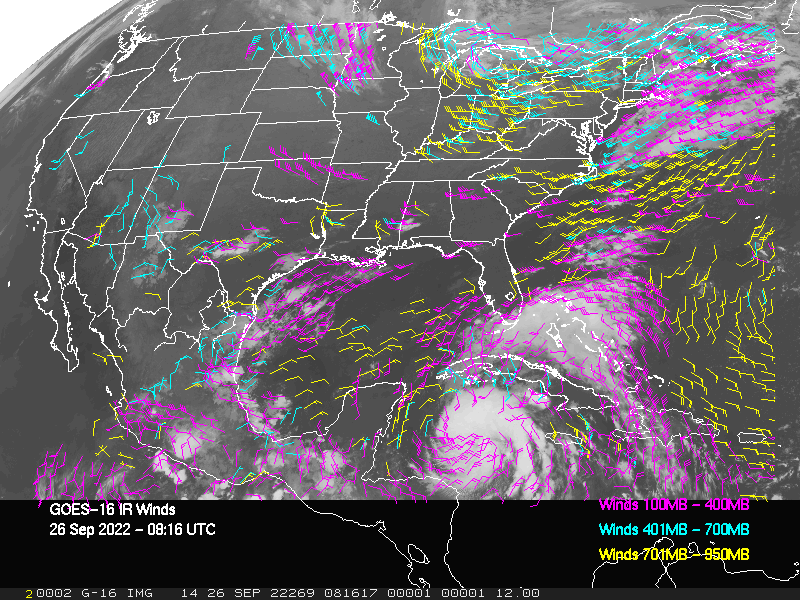 GOES-16 Long-Wave Infrared Derived Winds - CONUS - 09/26/2022 - 0816 GMT