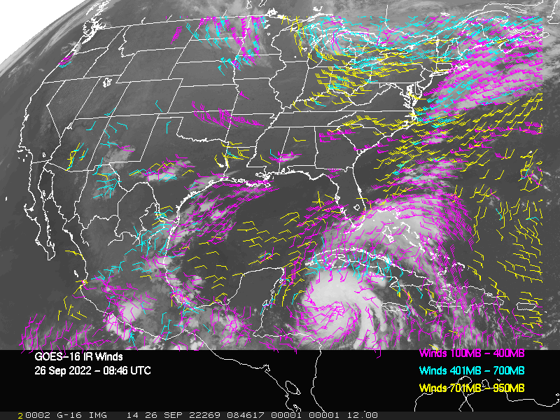 GOES-16 Long-Wave Infrared Derived Winds - CONUS - 09/26/2022 - 0846 GMT
