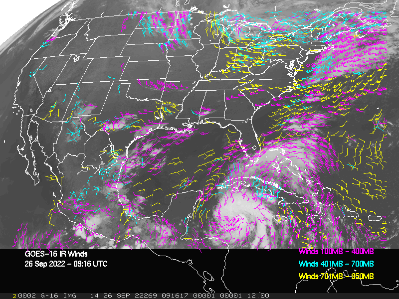 GOES-16 Long-Wave Infrared Derived Winds - CONUS - 09/26/2022 - 0916 GMT