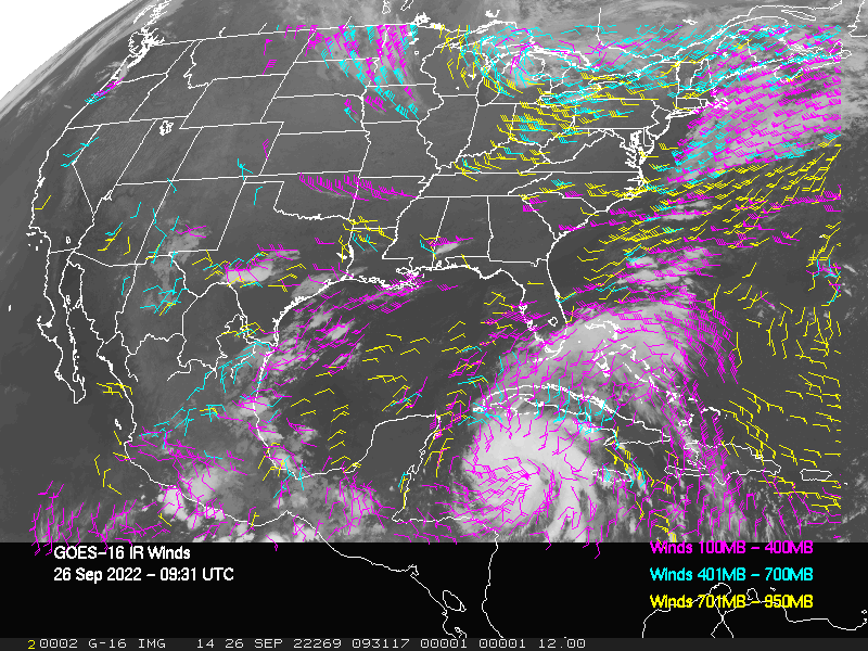 GOES-16 Long-Wave Infrared Derived Winds - CONUS - 09/26/2022 - 0931 GMT