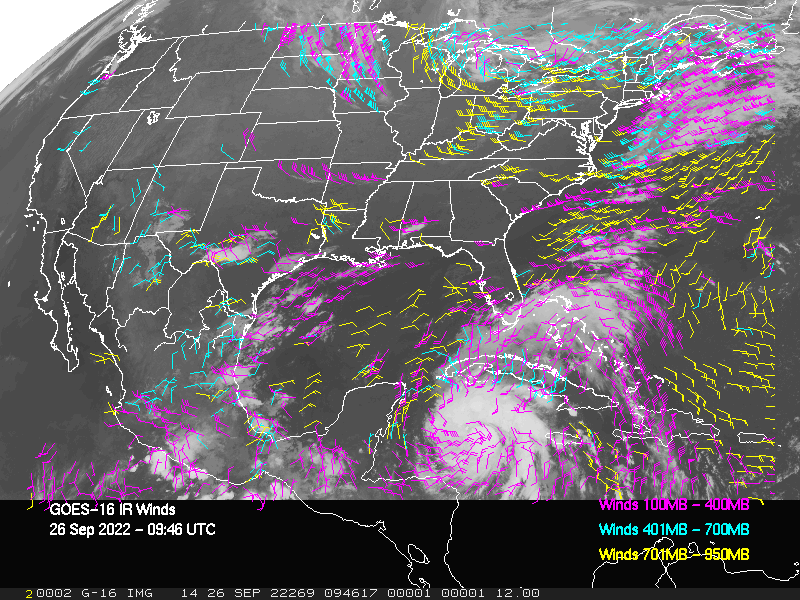 GOES-16 Long-Wave Infrared Derived Winds - CONUS - 09/26/2022 - 0946 GMT