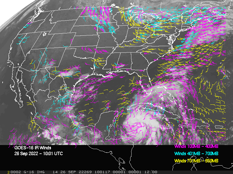 GOES-16 Long-Wave Infrared Derived Winds - CONUS - 09/26/2022 - 1001 GMT