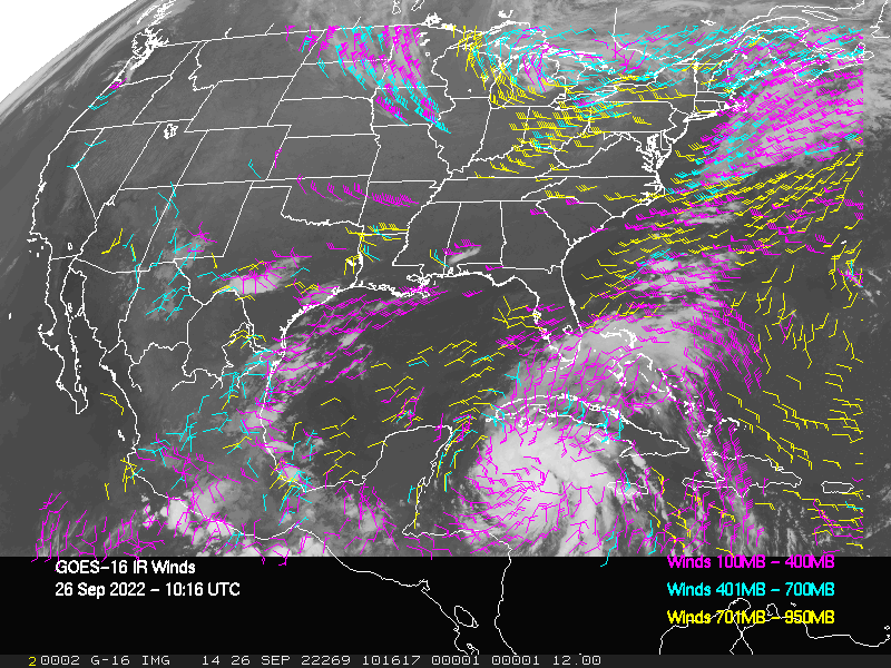 GOES-16 Long-Wave Infrared Derived Winds - CONUS - 09/26/2022 - 1016 GMT