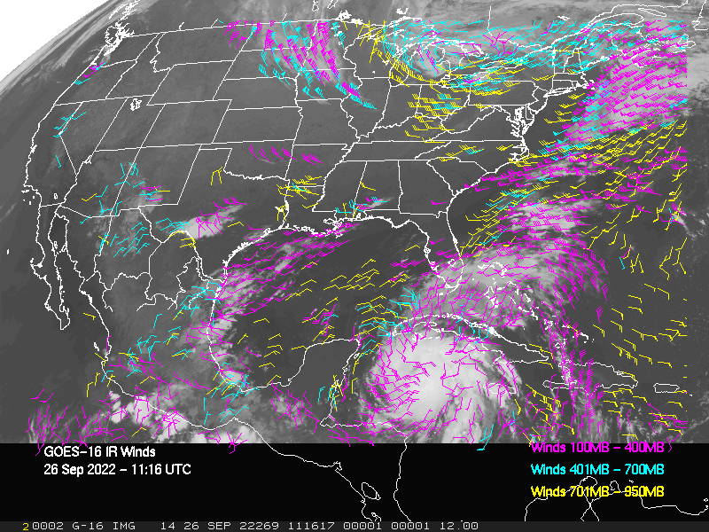 GOES-16 Long-Wave Infrared Derived Winds - CONUS - 09/26/2022 - 1116 GMT