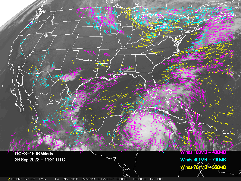 GOES-16 Long-Wave Infrared Derived Winds - CONUS - 09/26/2022 - 1131 GMT