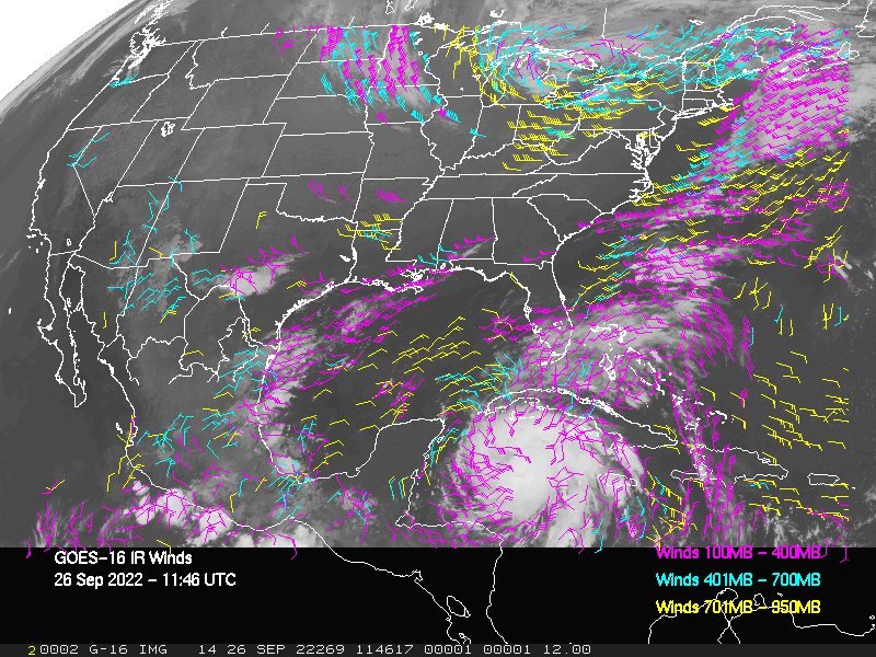 GOES-16 Long-Wave Infrared Derived Winds - CONUS - 09/26/2022 - 1146 GMT
