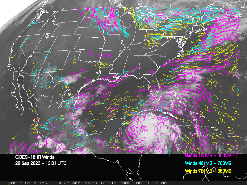 GOES-16 Long-Wave Infrared Derived Winds - CONUS - 09/26/2022 - 1201 GMT