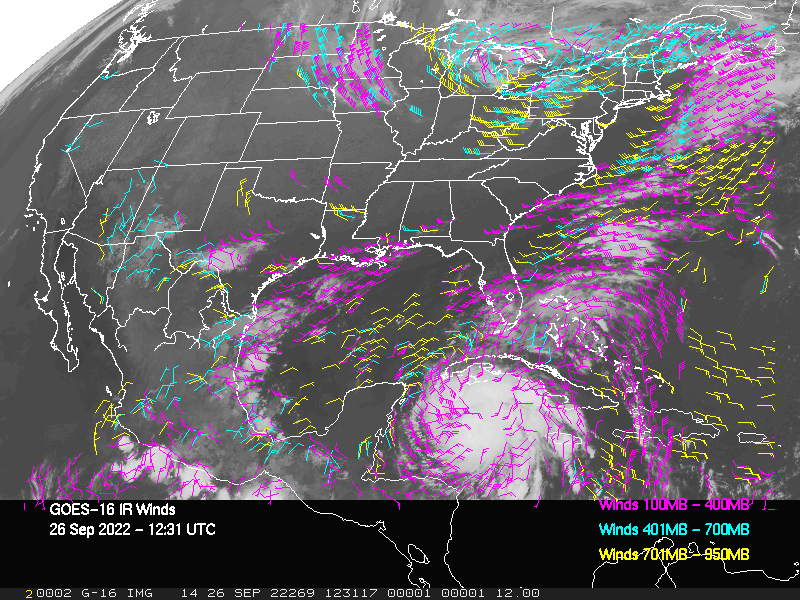 GOES-16 Long-Wave Infrared Derived Winds - CONUS - 09/26/2022 - 1231 GMT