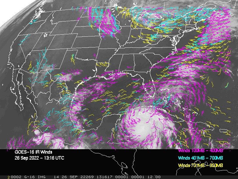 GOES-16 Long-Wave Infrared Derived Winds - CONUS - 09/26/2022 - 1316 GMT