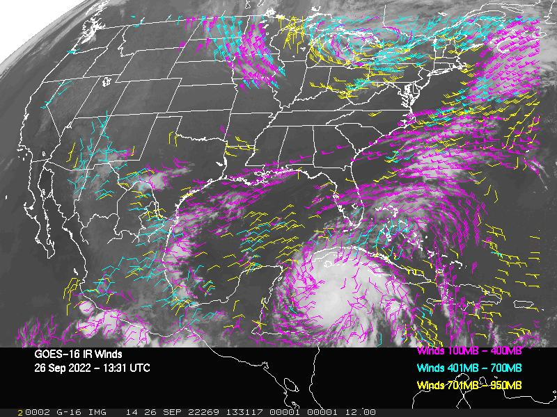 GOES-16 Long-Wave Infrared Derived Winds - CONUS - 09/26/2022 - 1331 GMT