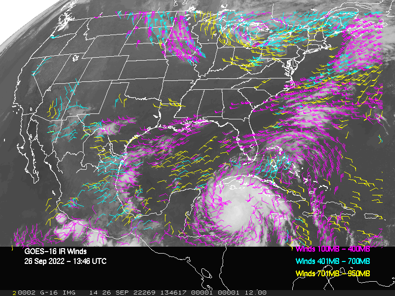 GOES-16 Long-Wave Infrared Derived Winds - CONUS - 09/26/2022 - 1346 GMT