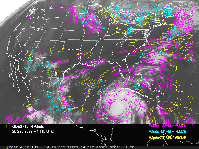 GOES-16 Long-Wave Infrared Derived Winds - CONUS - 09/26/2022 - 1416 GMT