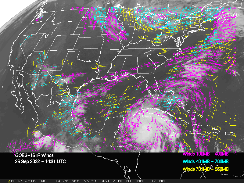 GOES-16 Long-Wave Infrared Derived Winds - CONUS - 09/26/2022 - 1431 GMT