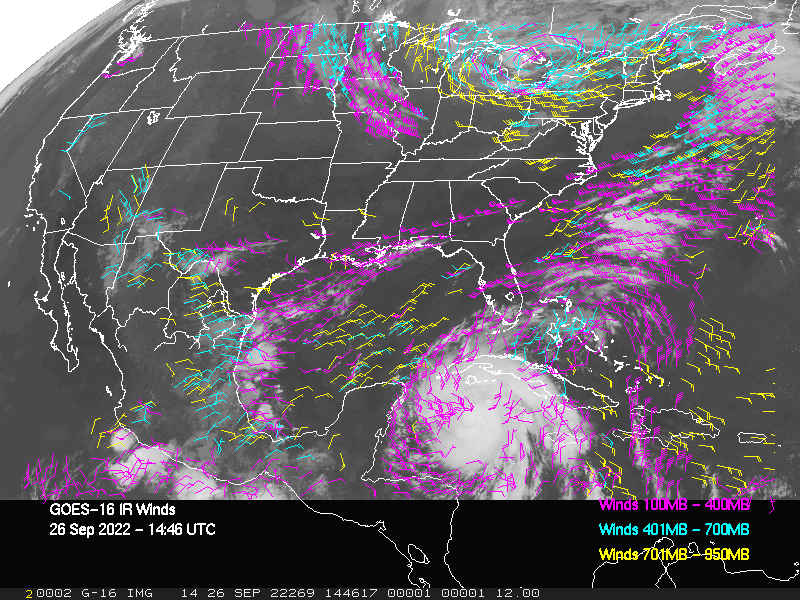 GOES-16 Long-Wave Infrared Derived Winds - CONUS - 09/26/2022 - 1446 GMT