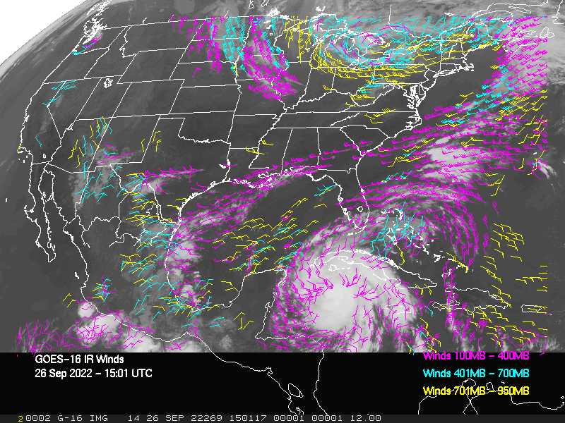 GOES-16 Long-Wave Infrared Derived Winds - CONUS - 09/26/2022 - 1501 GMT