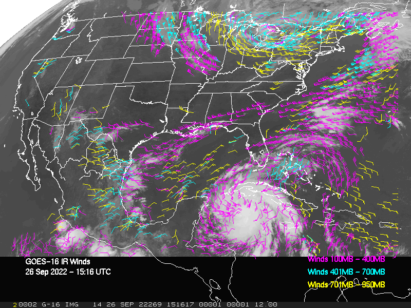 GOES-16 Long-Wave Infrared Derived Winds - CONUS - 09/26/2022 - 1516 GMT